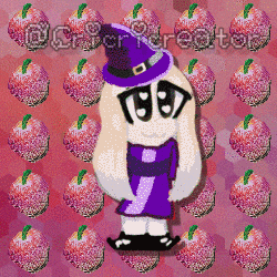 a cartoon character wearing a witch hat and purple dress