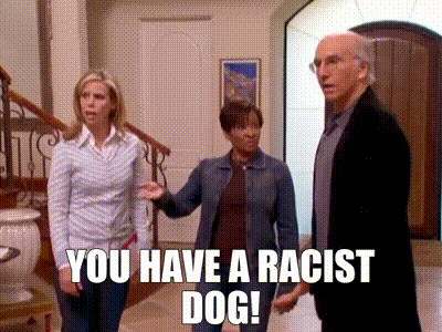 a group of people standing in a hallway with the words " you have a racist dog " written on the bottom