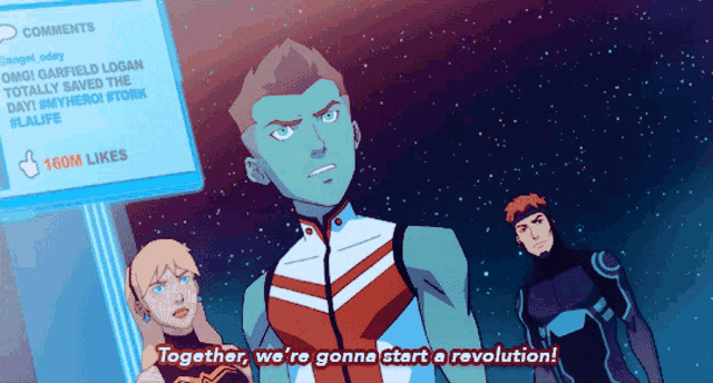 a cartoon character says together we 're gonna start a revolution in front of a sign that says comments