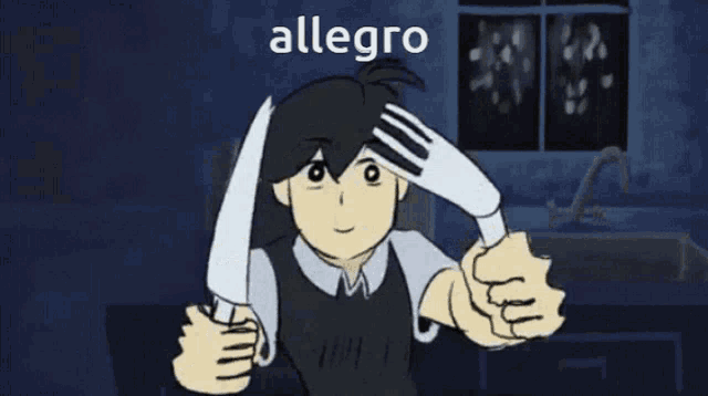 a cartoon of a person holding a knife with the word allegro written on it