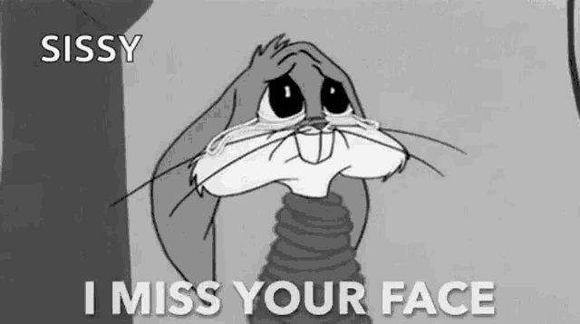 bugs bunny is crying and saying `` sissy i miss your face '' .