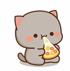 a cartoon cat is holding a slice of pizza in its paws .