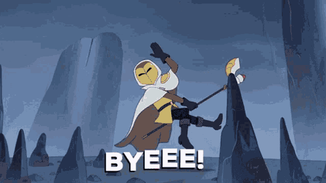 a cartoon character says byeee while holding a cane