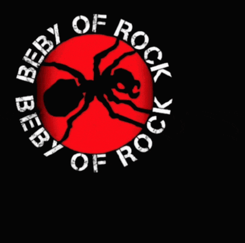 a red circle with a black ant and the words " baby of rock "