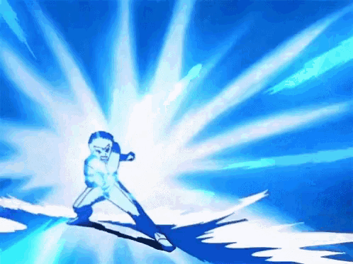a cartoon character is standing in front of a blue background with a lot of light coming out of it .