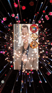 a picture of a man in a suit and tie is surrounded by fireworks and flowers