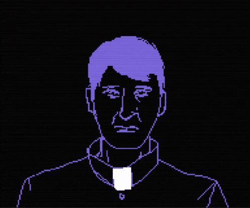 a pixel art drawing of a man with a purple haircut