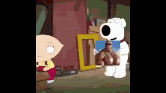 a cartoon character holding a picture of a man in a bathing suit .