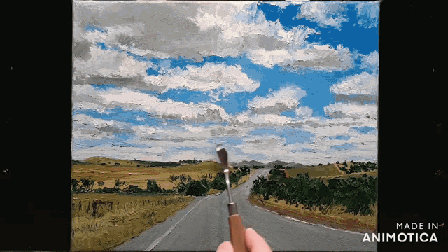 a painting of a road with clouds is made in animatica