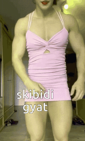 a muscular woman in a pink dress with the words skibidi gyat on the bottom