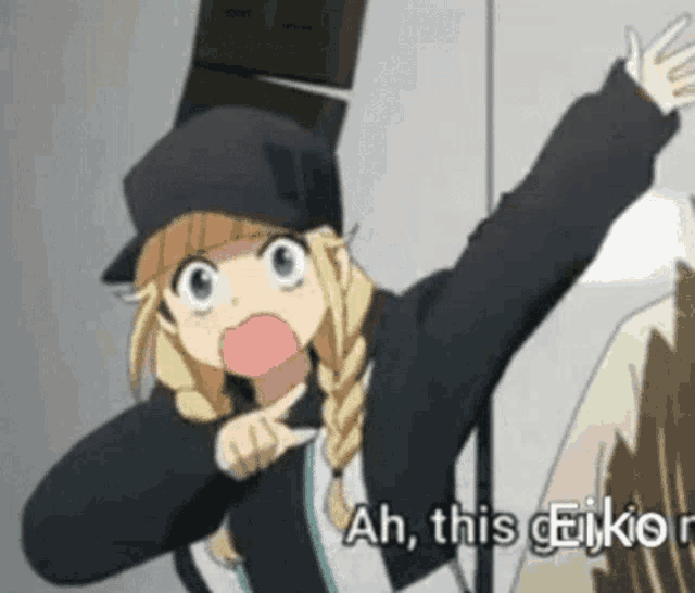 a girl in a black hat is pointing at something and says ah this eiiko r