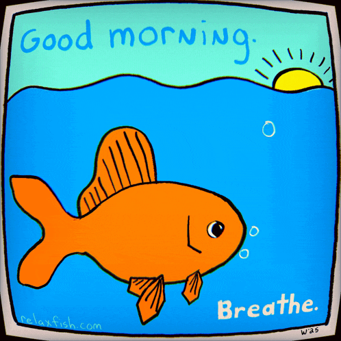a cartoon of an orange fish with the words good morning breathe