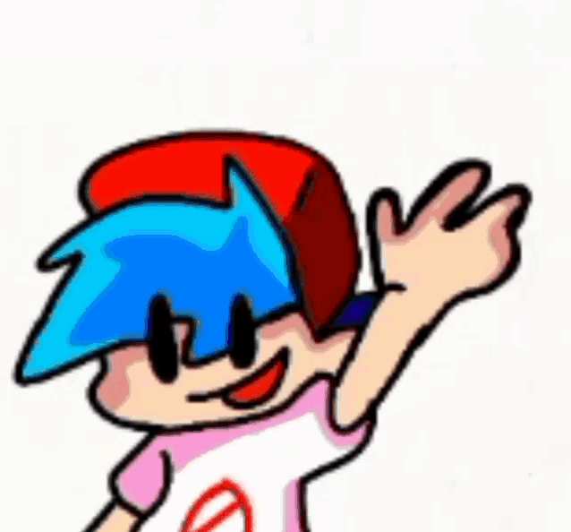 a cartoon character is waving his hand and wearing a red hat .
