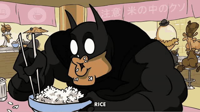 a cartoon of a man in a batman costume eating rice with chopsticks