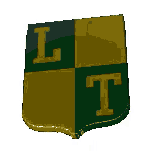 a green and yellow shield with the letter l and t on it