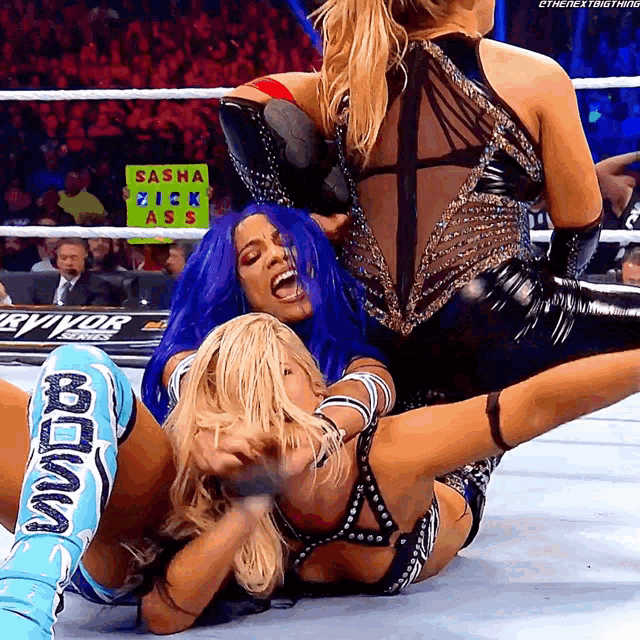 a wrestling match with a sign that says sasha zick ass in the background