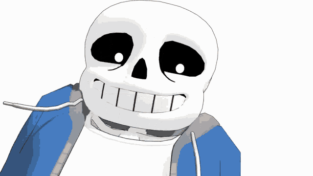 a cartoon drawing of a skeleton with a blue jacket on