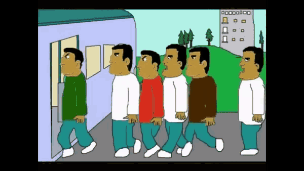 a cartoon of a group of men walking in a row