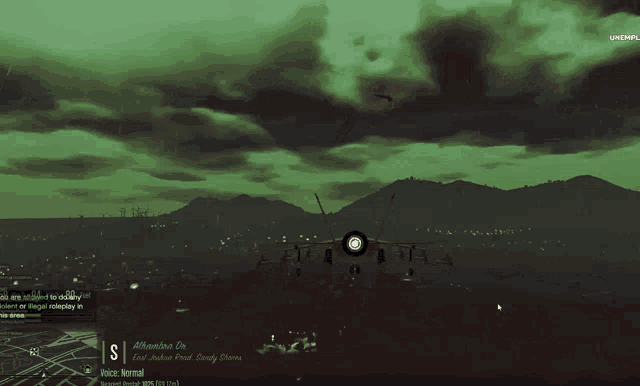a screenshot of a video game shows a plane flying through a cloudy sky and the words east auburn road