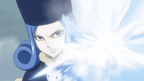 a girl with blue hair and a black hat throws a burst of water