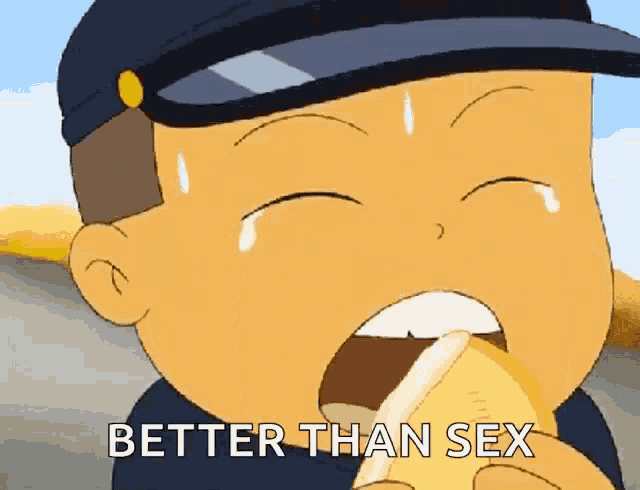 a cartoon character is eating a banana and crying with the words better than sex written below him