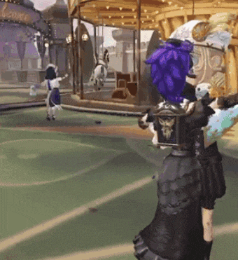 a girl with purple hair is standing in front of a merry go round in a video game
