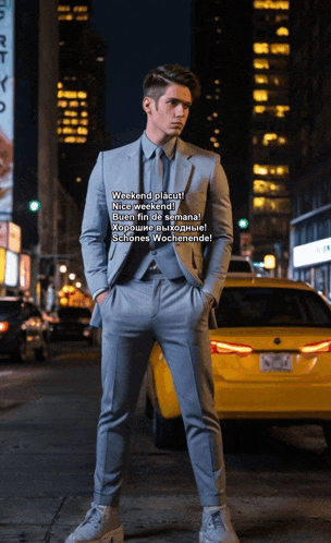a man in a suit and tie is standing in front of a yellow taxi