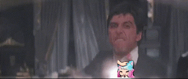 a cartoon of a girl with pink hair and a cat 's head is surrounded by smoke and light .