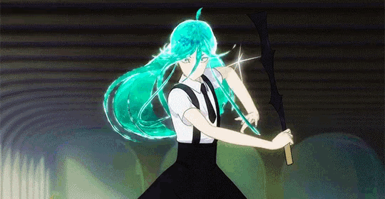 a woman with long green hair is holding a sword in her hand .
