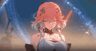 a girl with pink hair is holding a sword in her hand and looking down .