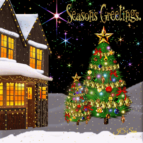 a christmas card that says season 's greetings with two christmas trees in front of a house