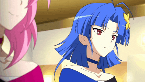 a blue haired anime girl with red eyes and a yellow flower in her hair