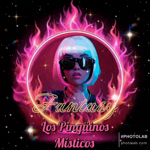 a poster for fantasy los pingüinos misticos with a woman in a pink wig and sunglasses