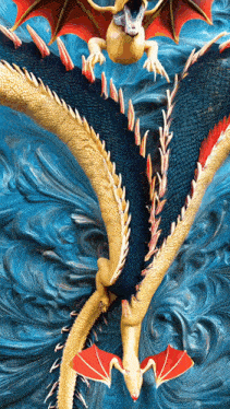 a blue and gold dragon with red wings is flying in the air
