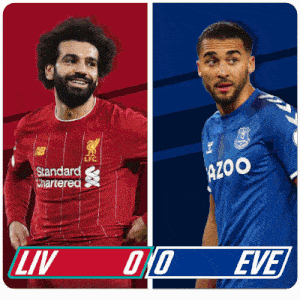 two soccer players one from liverpool and one from everton are shown