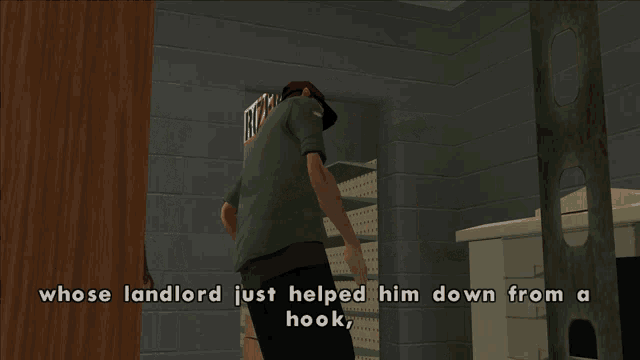 a video game scene that says whose landlord just helped him down from a hook on the bottom