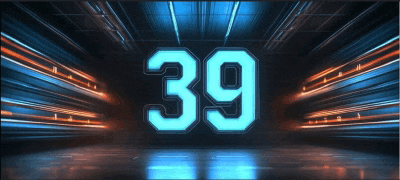 the number 39 is lit up in blue and orange