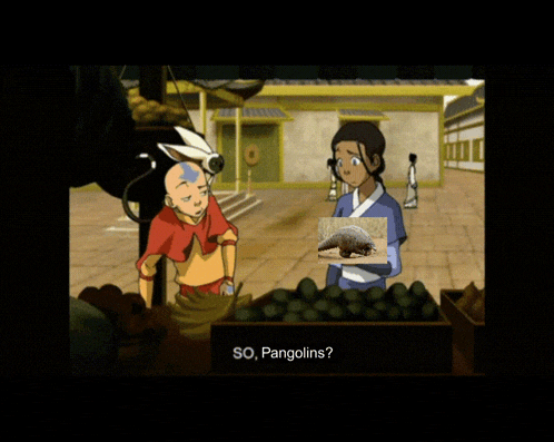 a cartoon shows a man and a girl talking about pangolins