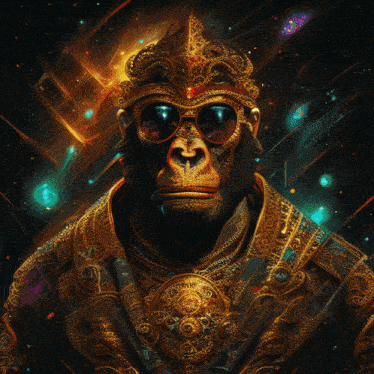a monkey wearing a crown and sunglasses with a reflection of a city in his eyes