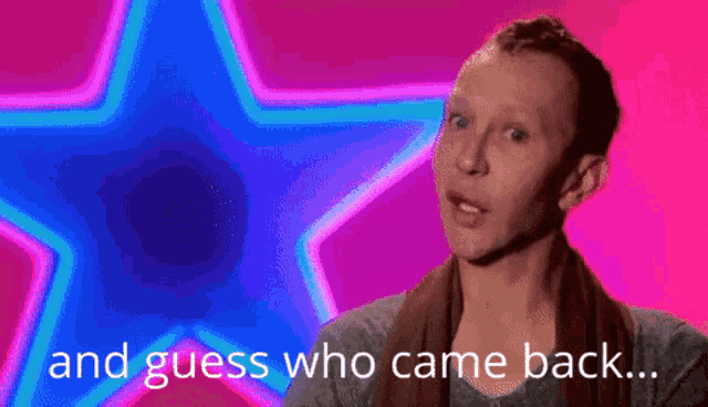 a man says " and guess who came back " in front of a pink background