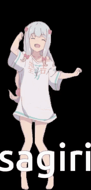 a girl in a white shirt is dancing with the word sagiri behind her