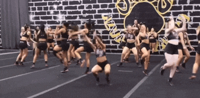 a group of cheerleaders are performing in front of a brick wall that has the letter d on it