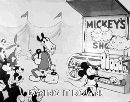 a black and white cartoon of mickey 's shop