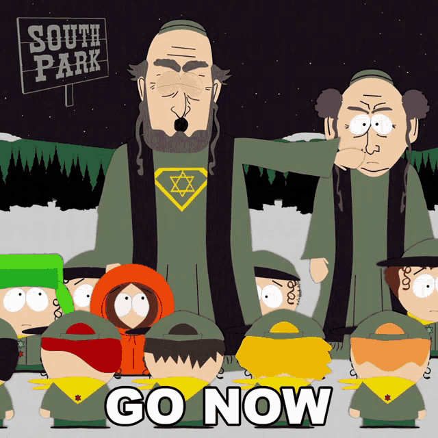 a group of south park characters are standing in front of a sign that says " south park "