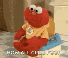 elmo from sesame street is sitting on a potty chair .