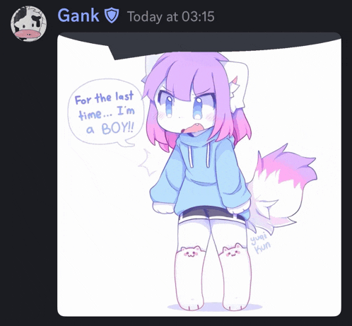 a drawing of a girl with pink hair says " for the last time ... i 'm a boy !! "