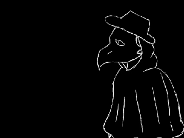 a black and white drawing of a plague doctor wearing a hat and cape .
