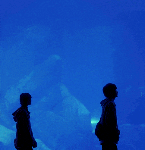 two people standing in front of an aquarium with a blue background