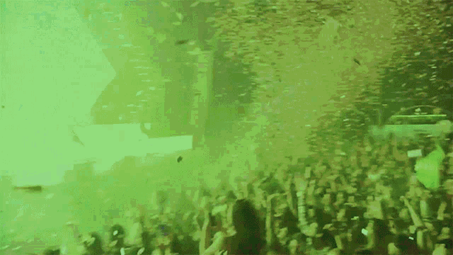 a crowd at a concert with green confetti falling from the ceiling