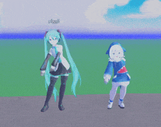 two anime characters , hatsune miku and shark , are dancing together in a video game .